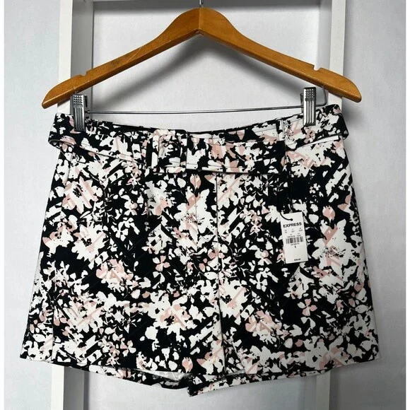 Express Floral Shorts Womens 6 Pink Black White Belted 3 in Inseam High Rise NWT - Picture 12 of 12